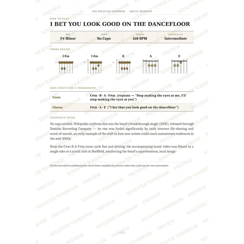 How-to-play page for 'I Bet You Look Good on the Dancefloor' by Arctic Monkeys, showing the key, capo, tempo and difficulty, printed chord-shape diagrams, a song-structure and chord-progression breakdown and technique notes — chord charts only, no lyrics or notation. A faint diagonal 'Soulster Tonebook · Preview' watermark repeats across the page.