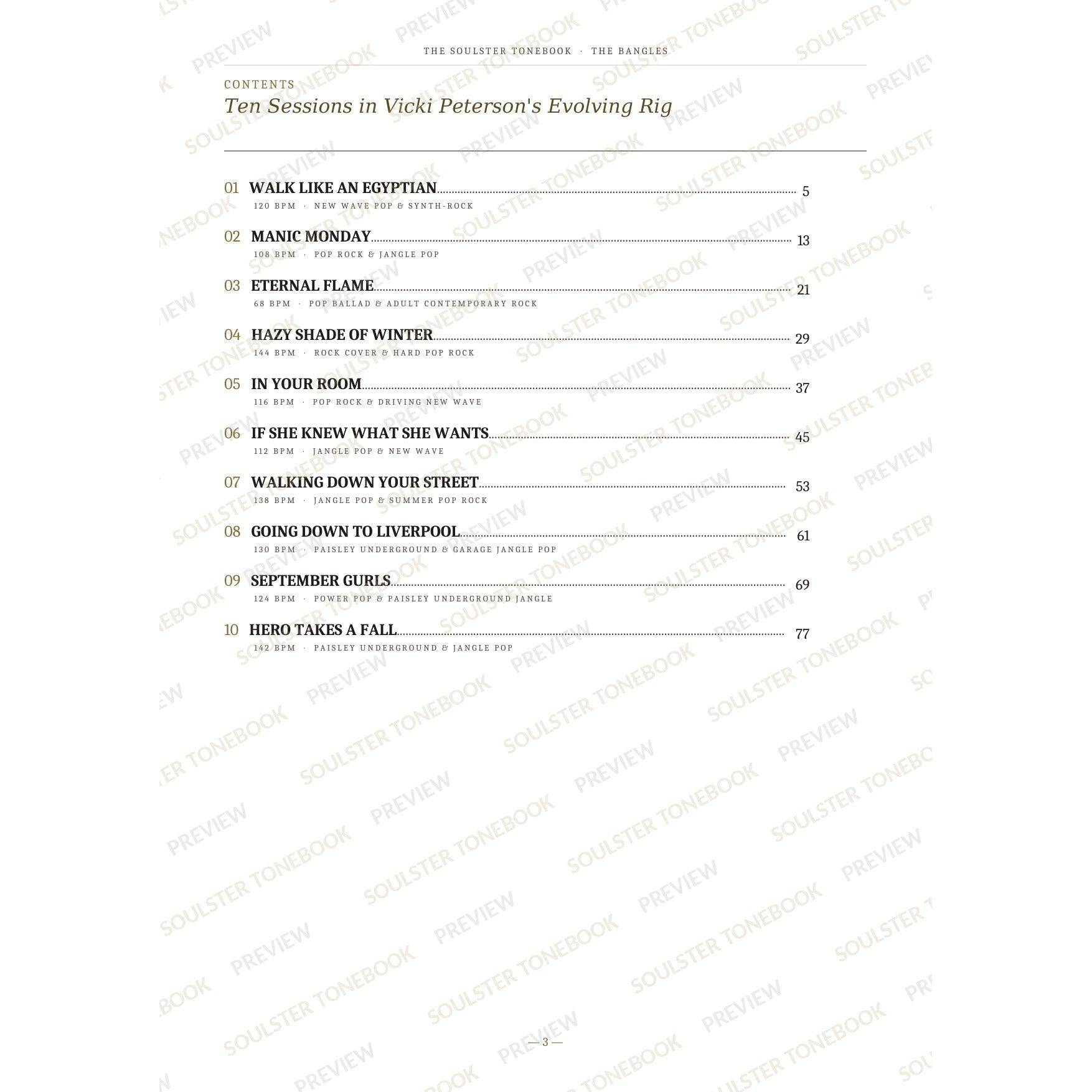 Contents page from The Bangles Soulster Tonebook, listing all 10 songs with their tempos, genre tags and page numbers in a gold-and-black serif layout. A faint diagonal 'Soulster Tonebook · Preview' watermark repeats across the page.