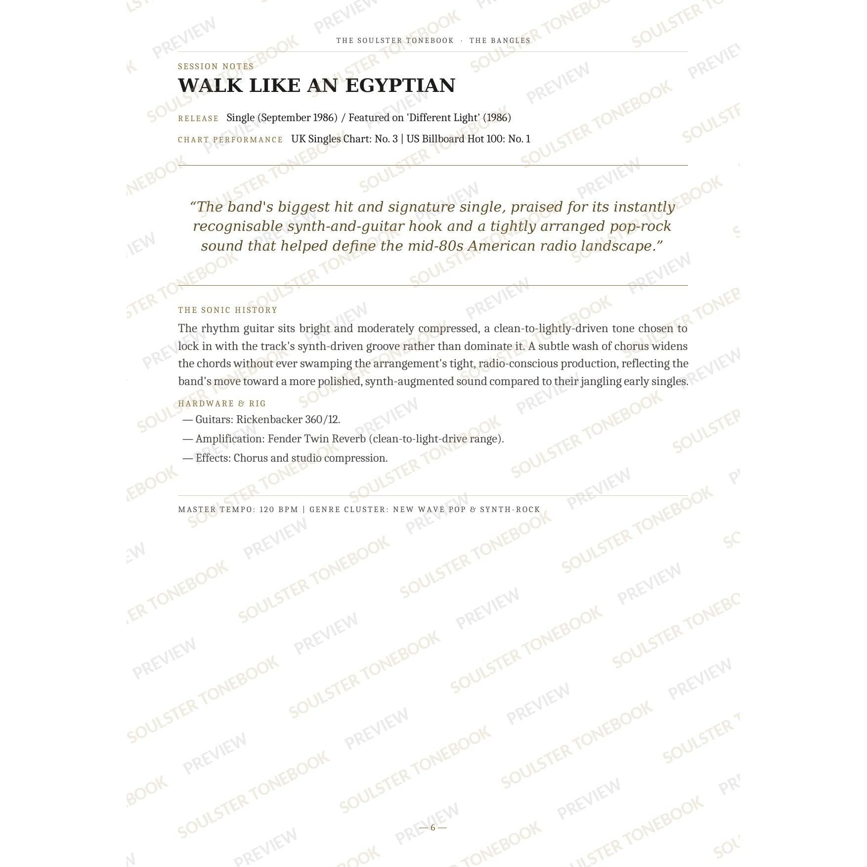 Session-notes page for 'Walk Like an Egyptian' in The Bangles Soulster Tonebook, with the track's release and chart history, a summary quote, a short 'sonic history' write-up and the hardware and rig used. A faint diagonal 'Soulster Tonebook · Preview' watermark repeats across the page.