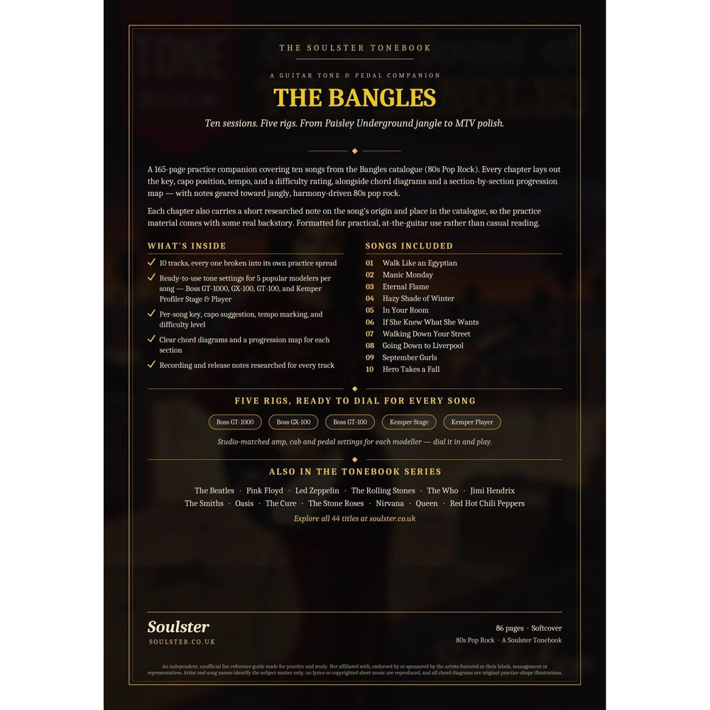 Back cover of The Bangles Soulster Tonebook — a dark, gold-trimmed design with the title and tagline, a 'what's inside' list, the full 10-song track list, the five modeller rigs and other titles in the Soulster Tonebook series.