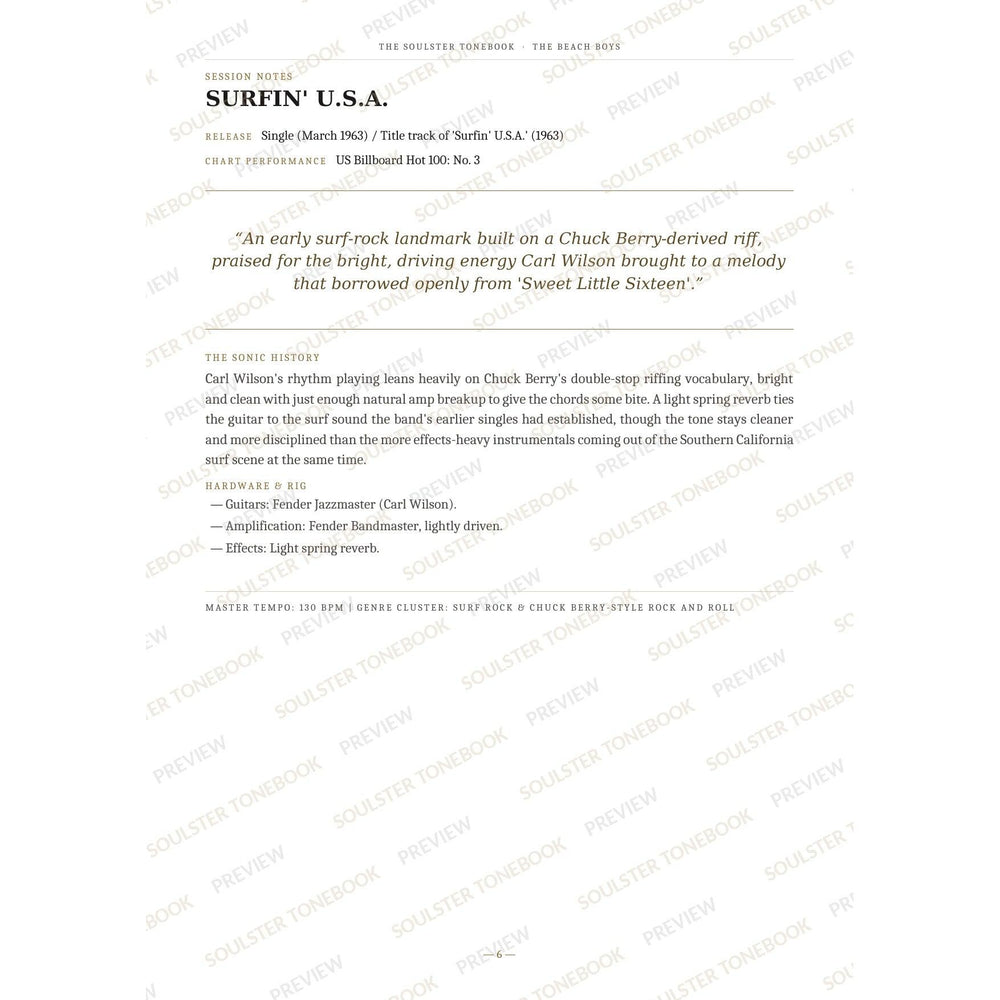 Session-notes page for 'Surfin' U.s.a.' in The Beach Boys Soulster Tonebook, with the track's release and chart history, a summary quote, a short 'sonic history' write-up and the hardware and rig used. A faint diagonal 'Soulster Tonebook · Preview' watermark repeats across the page.