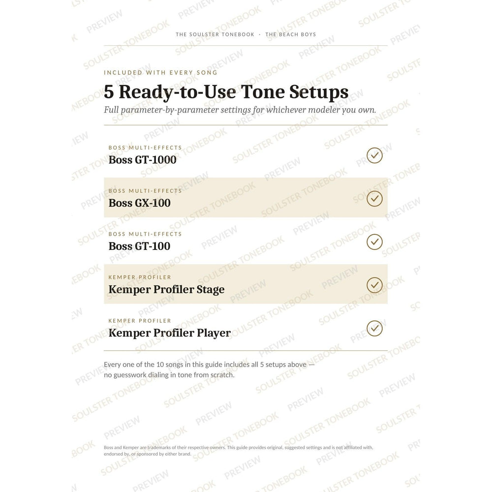 '5 Ready-to-Use Tone Setups' page from The Beach Boys Soulster Tonebook, listing the five included modeller rigs — Boss GT-1000, GX-100 and GT-100 and the Kemper Profiler Stage and Player — each marked with a gold tick. A faint diagonal 'Soulster Tonebook · Preview' watermark repeats across the page.