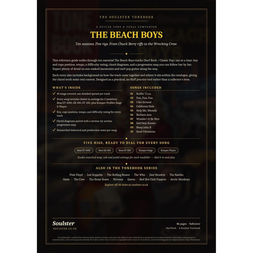 Back cover of The Beach Boys Soulster Tonebook — a dark, gold-trimmed design with the title and tagline, a 'what's inside' list, the full 10-song track list, the five modeller rigs and other titles in the Soulster Tonebook series.