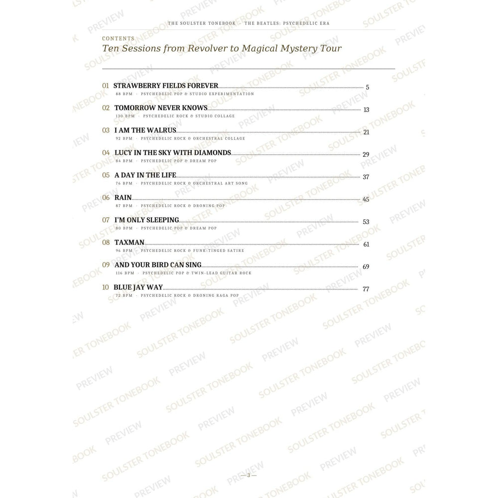 Contents page from The Beatles: Psychedelic Era Soulster Tonebook, listing all 10 songs with their tempos, genre tags and page numbers in a gold-and-black serif layout. A faint diagonal 'Soulster Tonebook · Preview' watermark repeats across the page.