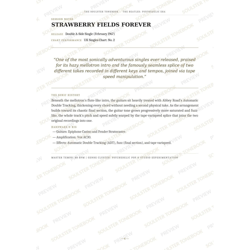 Session-notes page for 'Strawberry Fields Forever' in The Beatles: Psychedelic Era Soulster Tonebook, with the track's release and chart history, a summary quote, a short 'sonic history' write-up and the hardware and rig used. A faint diagonal 'Soulster Tonebook · Preview' watermark repeats across the page.