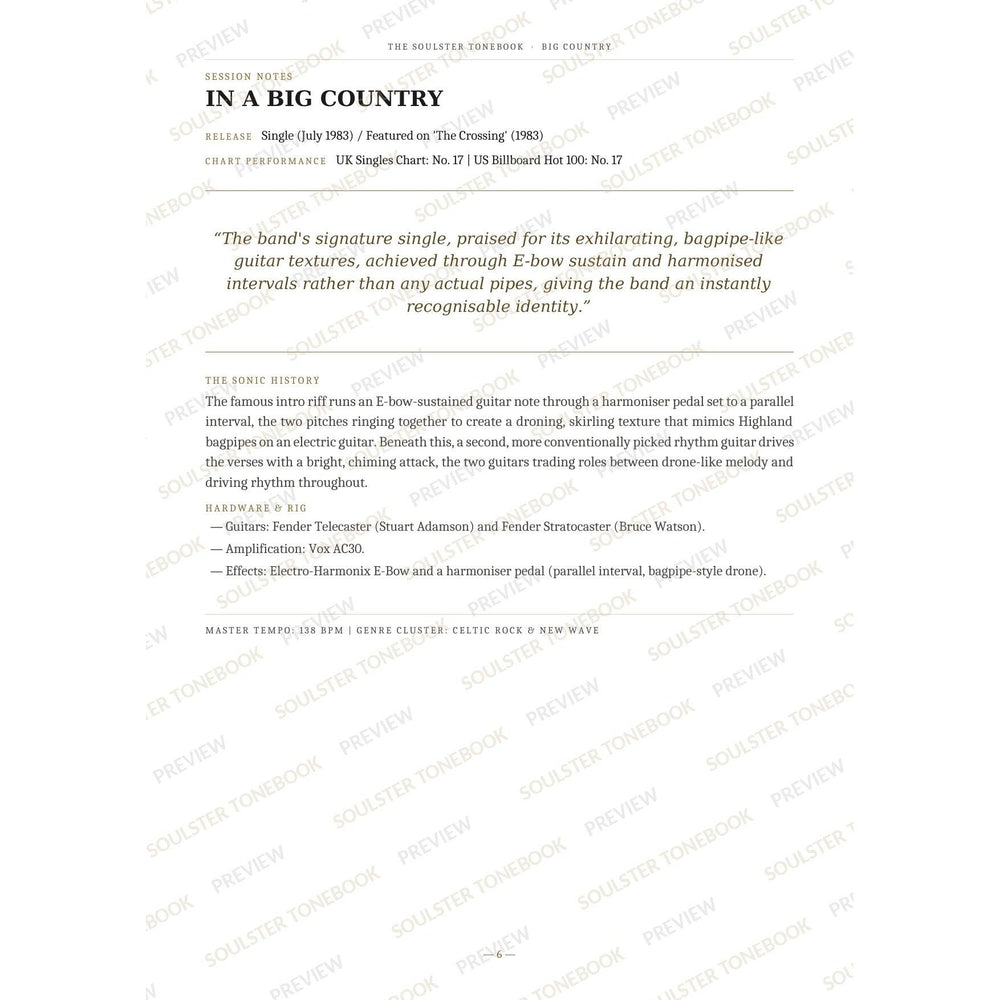 Session-notes page for 'In a Big Country' in the Big Country Soulster Tonebook, with the track's release and chart history, a summary quote, a short 'sonic history' write-up and the hardware and rig used. A faint diagonal 'Soulster Tonebook · Preview' watermark repeats across the page.