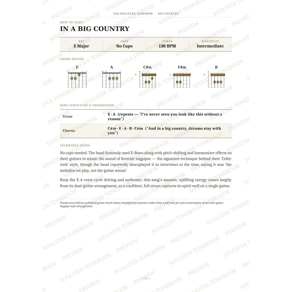 How-to-play page for 'In a Big Country' by Big Country, showing the key, capo, tempo and difficulty, printed chord-shape diagrams, a song-structure and chord-progression breakdown and technique notes — chord charts only, no lyrics or notation. A faint diagonal 'Soulster Tonebook · Preview' watermark repeats across the page.