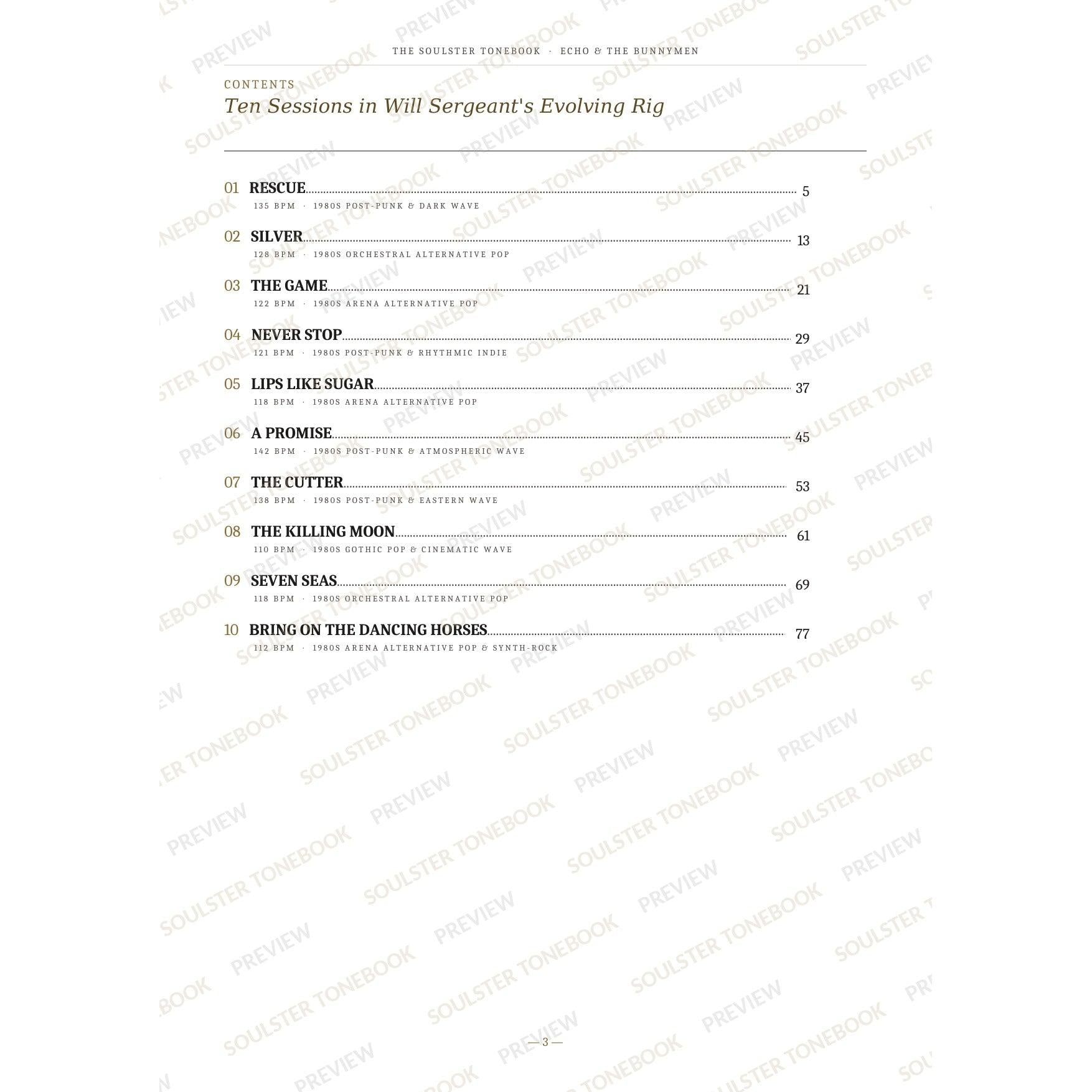 Contents page from the Echo & the Bunnymen Soulster Tonebook, listing all 10 songs with their tempos, genre tags and page numbers in a gold-and-black serif layout. A faint diagonal 'Soulster Tonebook · Preview' watermark repeats across the page.