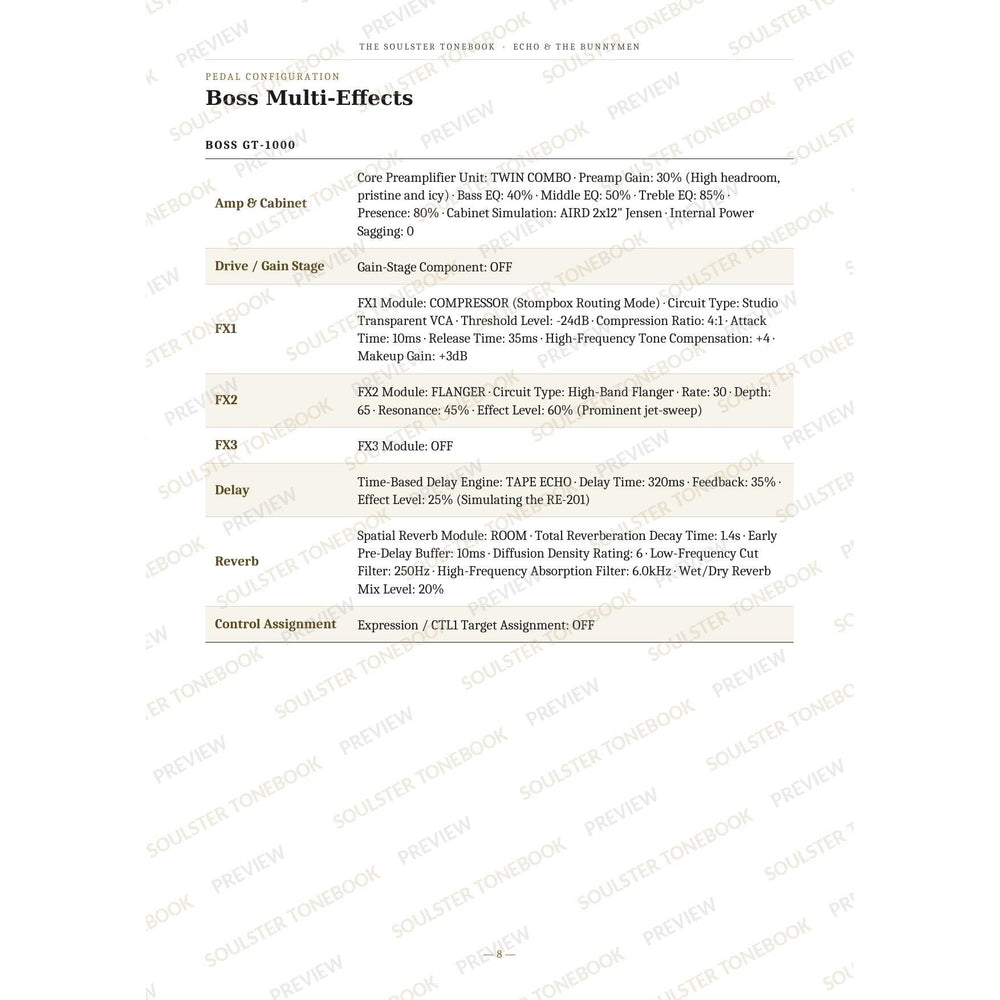 Boss GT-1000 pedal-settings page for 'Rescue' in the Echo & the Bunnymen Soulster Tonebook, giving parameter-by-parameter amp, cabinet, drive, FX, delay and reverb values in a two-column table. A faint diagonal 'Soulster Tonebook · Preview' watermark repeats across the page.