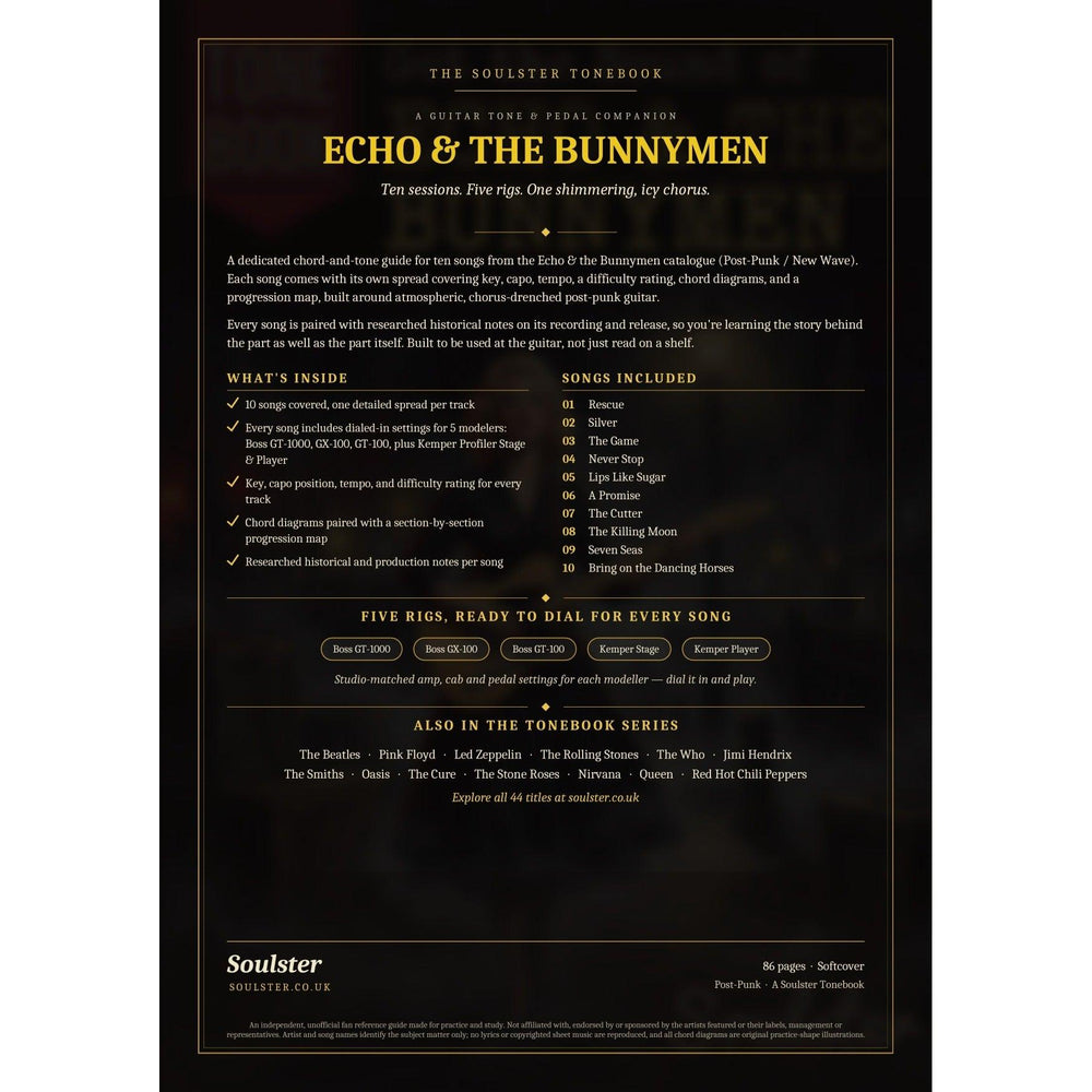 Back cover of the Echo & the Bunnymen Soulster Tonebook — a dark, gold-trimmed design with the title and tagline, a 'what's inside' list, the full 10-song track list, the five modeller rigs and other titles in the Soulster Tonebook series.
