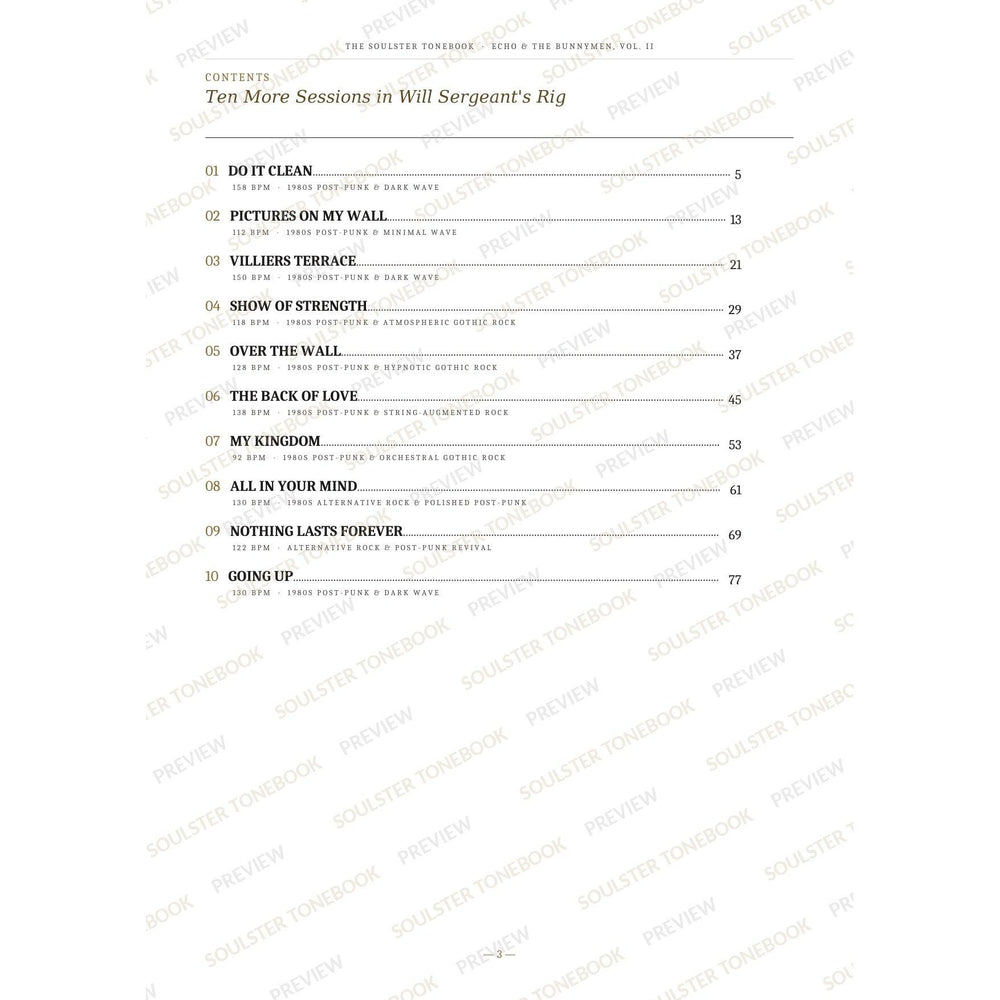 Contents page from the Echo & the Bunnymen, Vol. II Soulster Tonebook, listing all 10 songs with their tempos, genre tags and page numbers in a gold-and-black serif layout. A faint diagonal 'Soulster Tonebook · Preview' watermark repeats across the page.