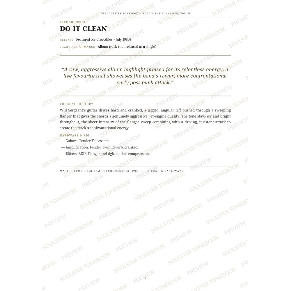 Session-notes page for 'Do It Clean' in the Echo & the Bunnymen, Vol. II Soulster Tonebook, with the track's release and chart history, a summary quote, a short 'sonic history' write-up and the hardware and rig used. A faint diagonal 'Soulster Tonebook · Preview' watermark repeats across the page.