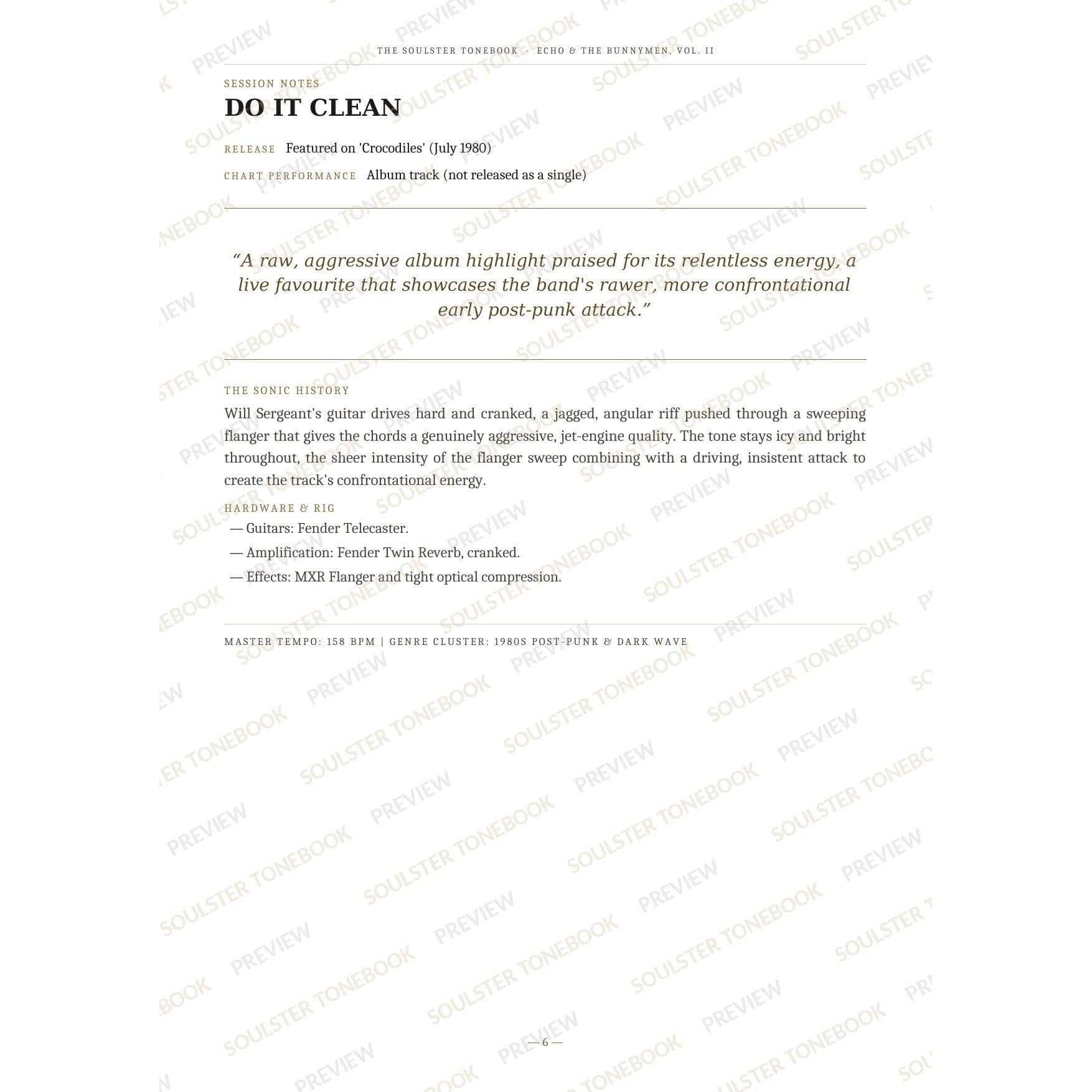 Session-notes page for 'Do It Clean' in the Echo & the Bunnymen, Vol. II Soulster Tonebook, with the track's release and chart history, a summary quote, a short 'sonic history' write-up and the hardware and rig used. A faint diagonal 'Soulster Tonebook · Preview' watermark repeats across the page.
