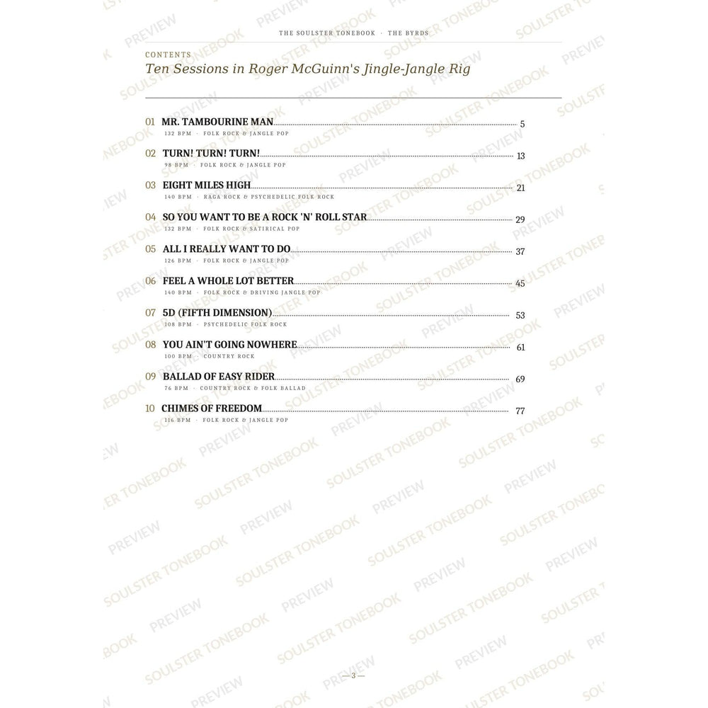 Contents page from The Byrds Soulster Tonebook, listing all 10 songs with their tempos, genre tags and page numbers in a gold-and-black serif layout. A faint diagonal 'Soulster Tonebook · Preview' watermark repeats across the page.