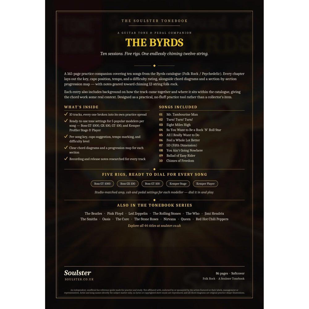 Back cover of The Byrds Soulster Tonebook — a dark, gold-trimmed design with the title and tagline, a 'what's inside' list, the full 10-song track list, the five modeller rigs and other titles in the Soulster Tonebook series.