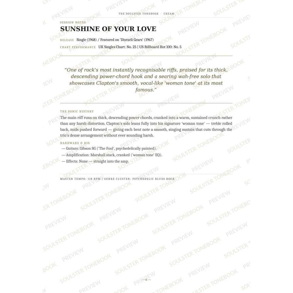Session-notes page for 'Sunshine of Your Love' in the Cream Soulster Tonebook, with the track's release and chart history, a summary quote, a short 'sonic history' write-up and the hardware and rig used. A faint diagonal 'Soulster Tonebook · Preview' watermark repeats across the page.