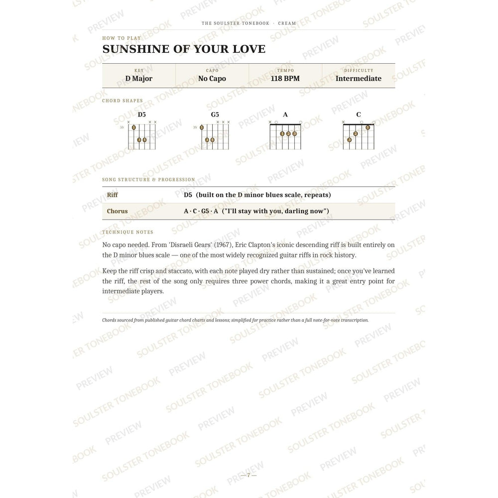 How-to-play page for 'Sunshine of Your Love' by Cream, showing the key, capo, tempo and difficulty, printed chord-shape diagrams, a song-structure and chord-progression breakdown and technique notes — chord charts only, no lyrics or notation. A faint diagonal 'Soulster Tonebook · Preview' watermark repeats across the page.