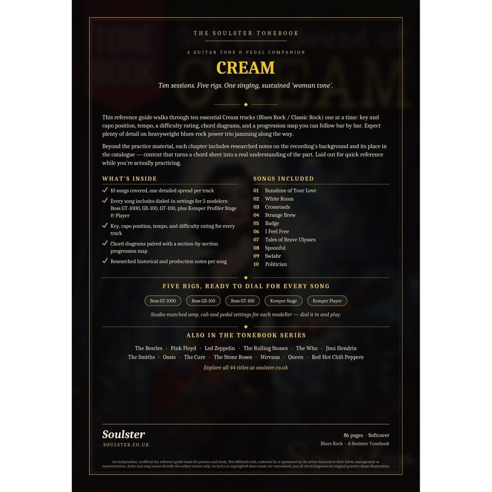 Back cover of the Cream Soulster Tonebook — a dark, gold-trimmed design with the title and tagline, a 'what's inside' list, the full 10-song track list, the five modeller rigs and other titles in the Soulster Tonebook series.