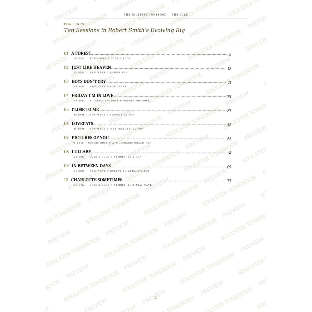 Contents page from The Cure Soulster Tonebook, listing all 10 songs with their tempos, genre tags and page numbers in a gold-and-black serif layout. A faint diagonal 'Soulster Tonebook · Preview' watermark repeats across the page.