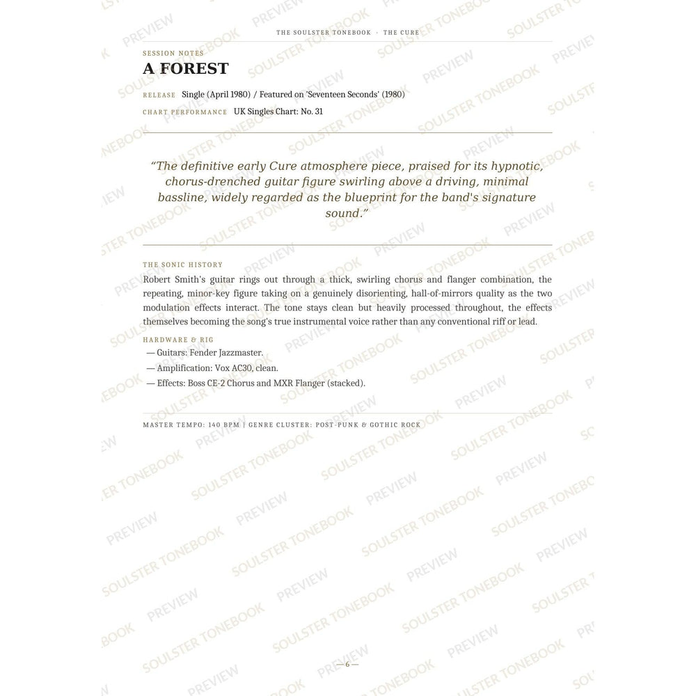 Session-notes page for 'A Forest' in The Cure Soulster Tonebook, with the track's release and chart history, a summary quote, a short 'sonic history' write-up and the hardware and rig used. A faint diagonal 'Soulster Tonebook · Preview' watermark repeats across the page.