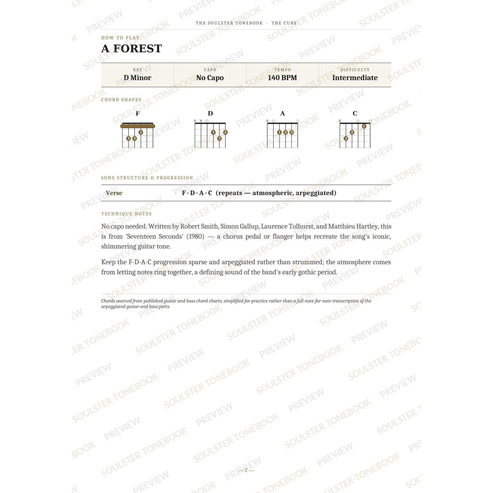 How-to-play page for 'A Forest' by The Cure, showing the key, capo, tempo and difficulty, printed chord-shape diagrams, a song-structure and chord-progression breakdown and technique notes — chord charts only, no lyrics or notation. A faint diagonal 'Soulster Tonebook · Preview' watermark repeats across the page.