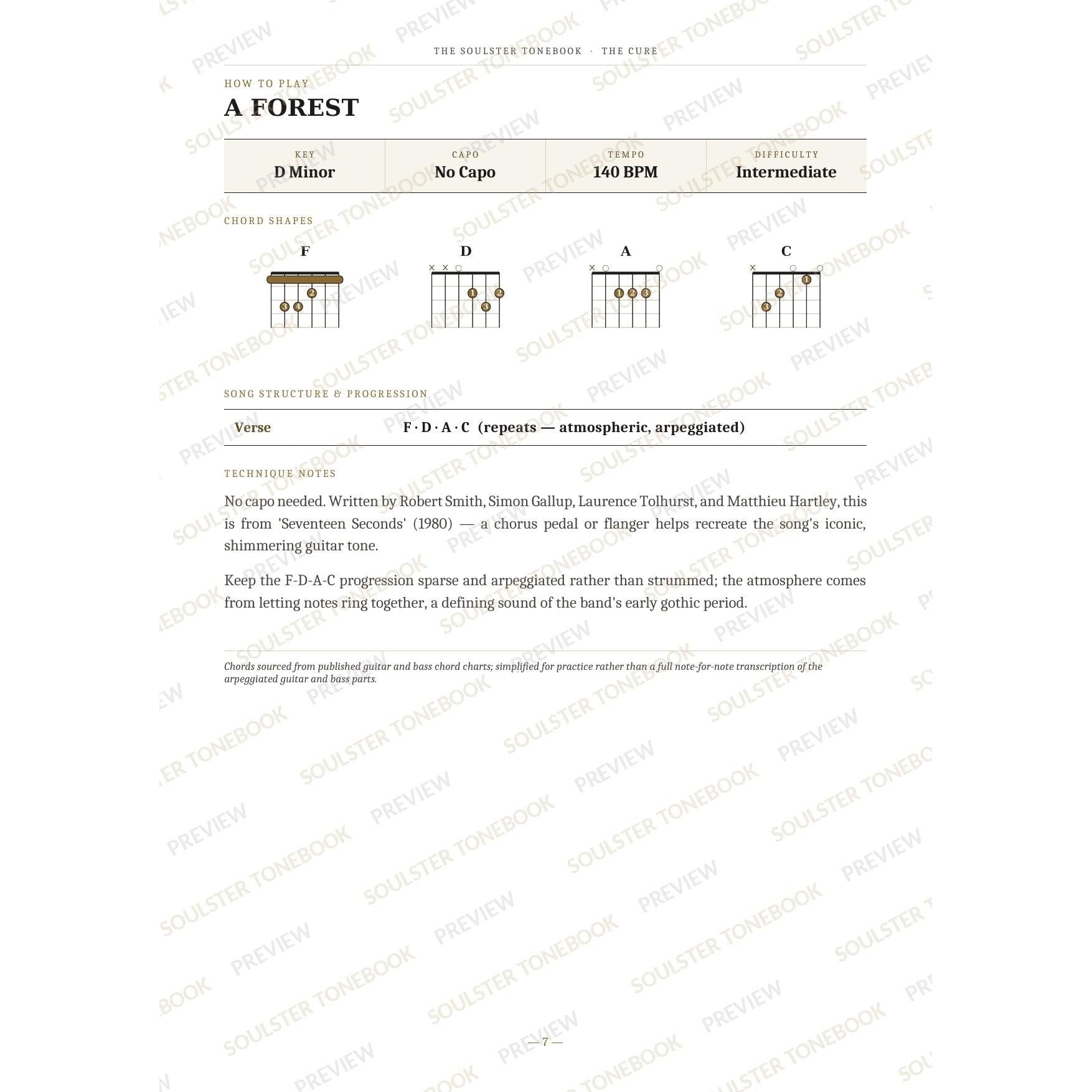 How-to-play page for 'A Forest' by The Cure, showing the key, capo, tempo and difficulty, printed chord-shape diagrams, a song-structure and chord-progression breakdown and technique notes — chord charts only, no lyrics or notation. A faint diagonal 'Soulster Tonebook · Preview' watermark repeats across the page.