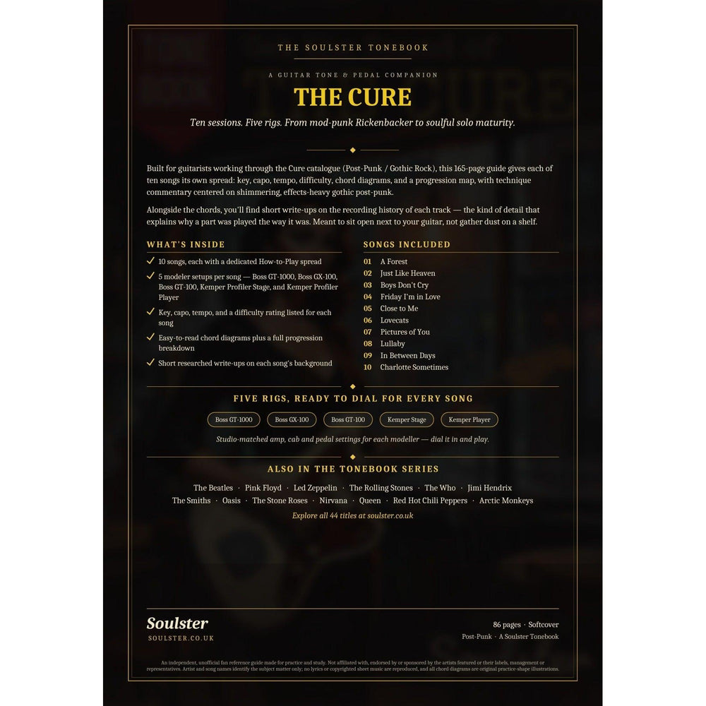 Back cover of The Cure Soulster Tonebook — a dark, gold-trimmed design with the title and tagline, a 'what's inside' list, the full 10-song track list, the five modeller rigs and other titles in the Soulster Tonebook series.