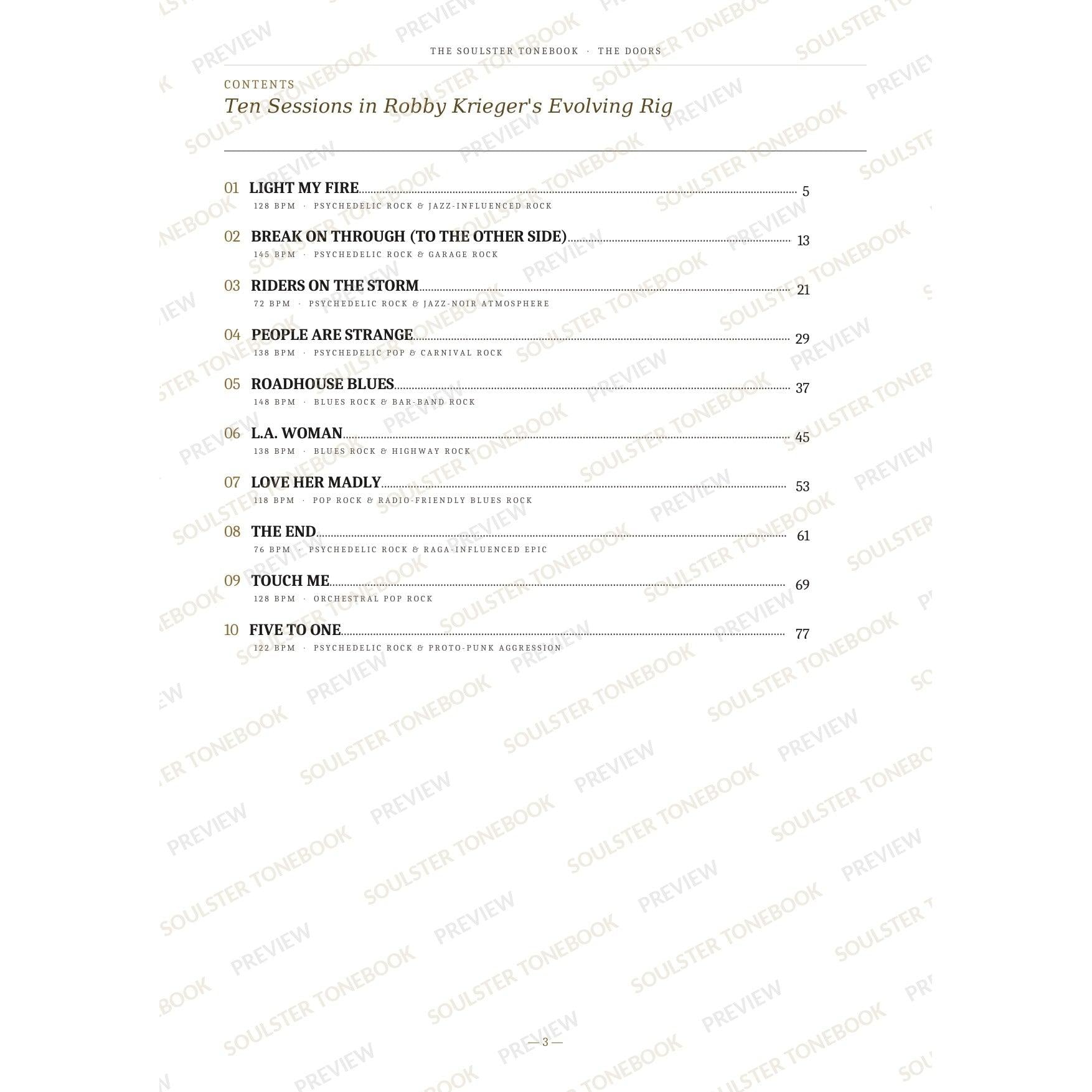 Contents page from The Doors Soulster Tonebook, listing all 10 songs with their tempos, genre tags and page numbers in a gold-and-black serif layout. A faint diagonal 'Soulster Tonebook · Preview' watermark repeats across the page.