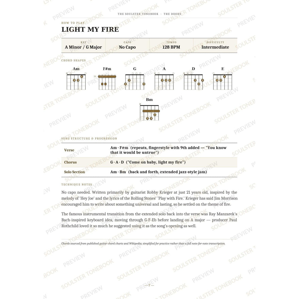 How-to-play page for 'Light My Fire' by The Doors, showing the key, capo, tempo and difficulty, printed chord-shape diagrams, a song-structure and chord-progression breakdown and technique notes — chord charts only, no lyrics or notation. A faint diagonal 'Soulster Tonebook · Preview' watermark repeats across the page.