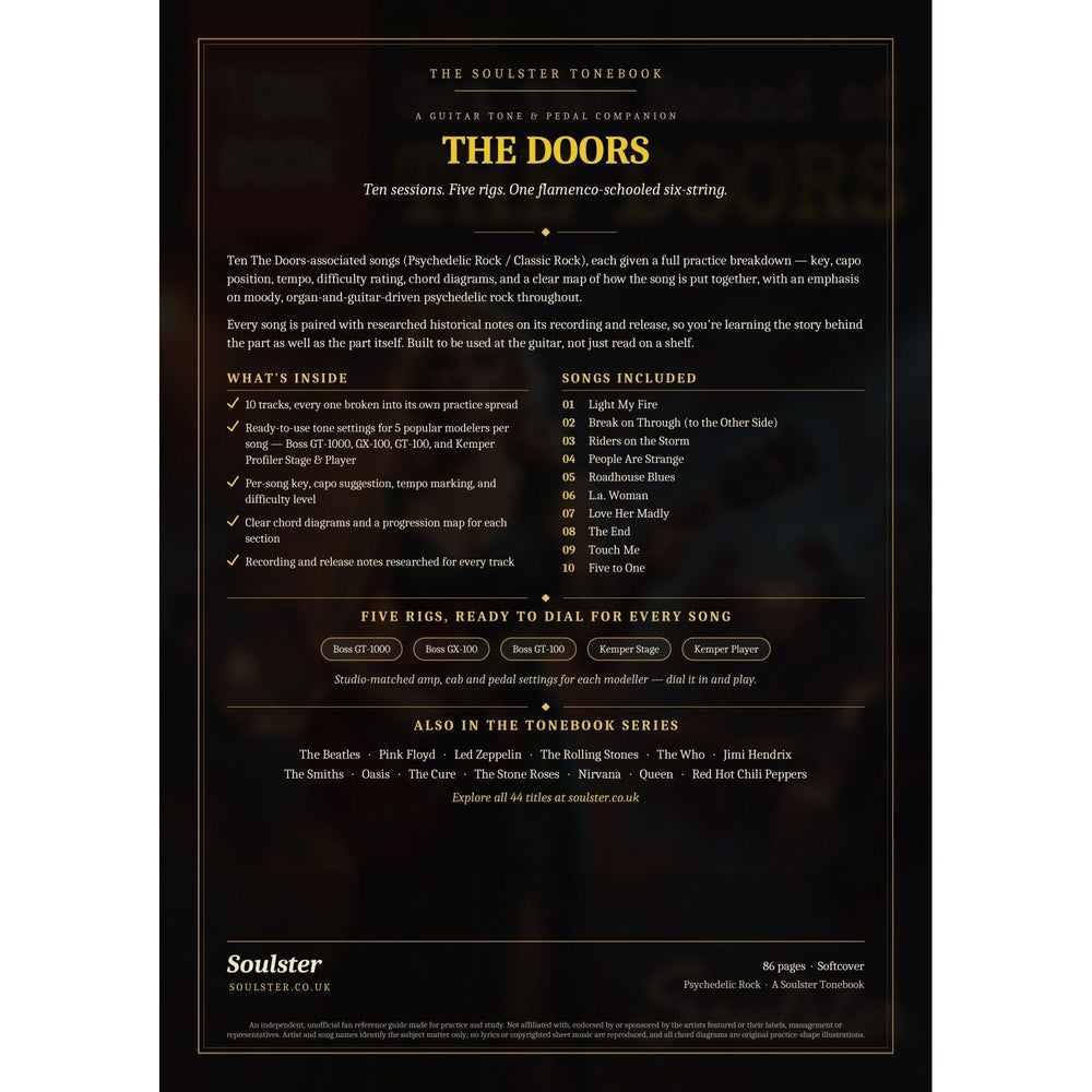 Back cover of The Doors Soulster Tonebook — a dark, gold-trimmed design with the title and tagline, a 'what's inside' list, the full 10-song track list, the five modeller rigs and other titles in the Soulster Tonebook series.