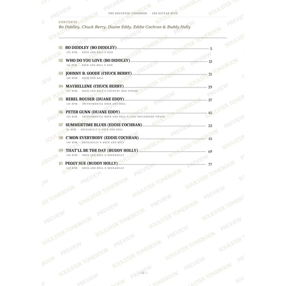 Contents page from the 50s Guitar Hits Soulster Tonebook, listing all 10 songs with their tempos, genre tags and page numbers in a gold-and-black serif layout. A faint diagonal 'Soulster Tonebook · Preview' watermark repeats across the page.