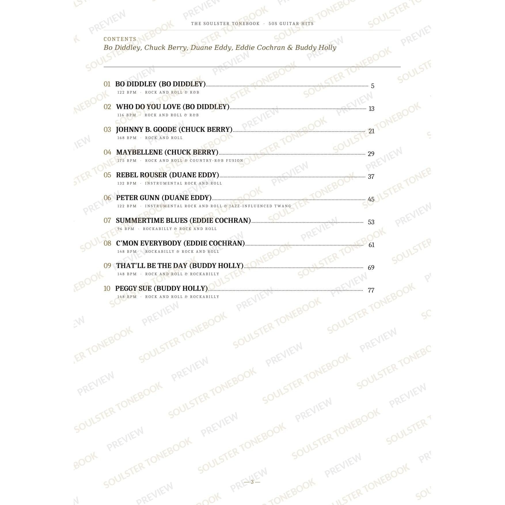 Contents page from the 50s Guitar Hits Soulster Tonebook, listing all 10 songs with their tempos, genre tags and page numbers in a gold-and-black serif layout. A faint diagonal 'Soulster Tonebook · Preview' watermark repeats across the page.