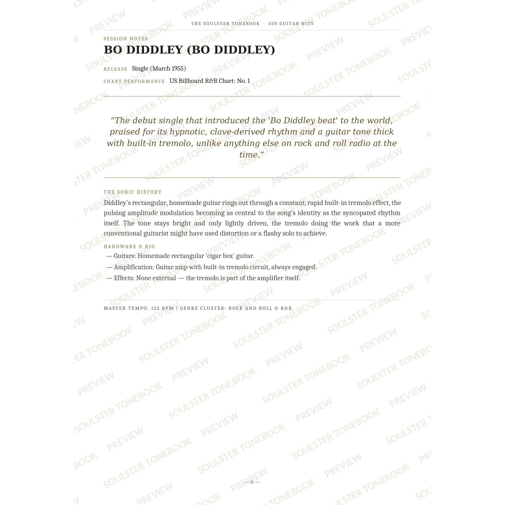 Session-notes page for 'Bo Diddley (Bo Diddley)' in the 50s Guitar Hits Soulster Tonebook, with the track's release and chart history, a summary quote, a short 'sonic history' write-up and the hardware and rig used. A faint diagonal 'Soulster Tonebook · Preview' watermark repeats across the page.
