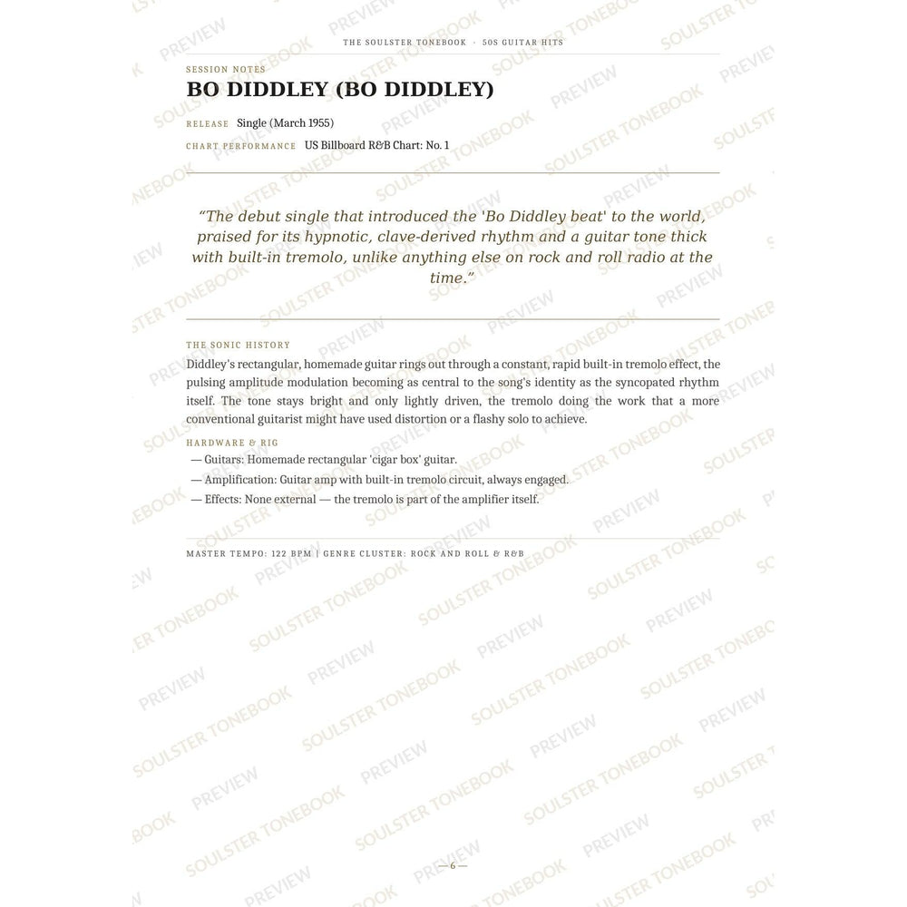 Session-notes page for 'Bo Diddley (Bo Diddley)' in the 50s Guitar Hits Soulster Tonebook, with the track's release and chart history, a summary quote, a short 'sonic history' write-up and the hardware and rig used. A faint diagonal 'Soulster Tonebook · Preview' watermark repeats across the page.