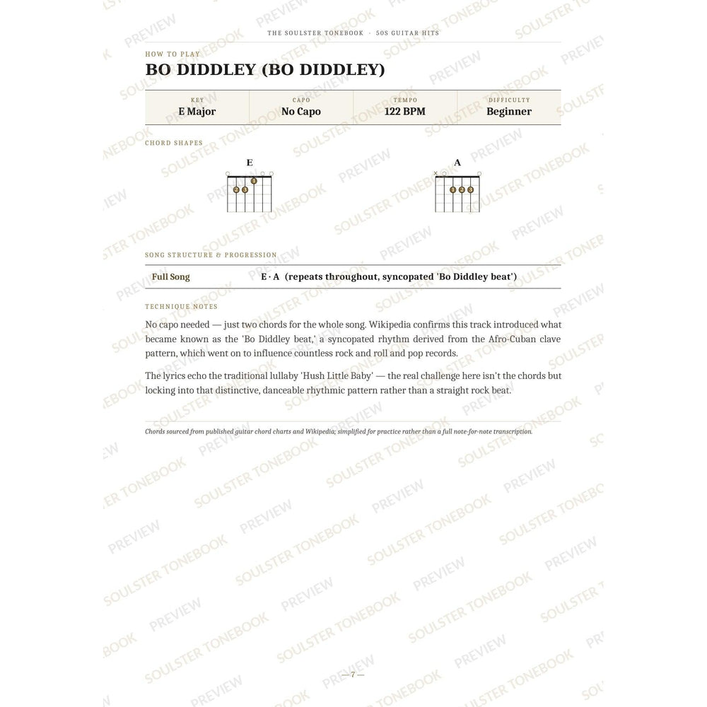 How-to-play page for 'Bo Diddley (Bo Diddley)' by 50s Guitar Hits, showing the key, capo, tempo and difficulty, printed chord-shape diagrams, a song-structure and chord-progression breakdown and technique notes — chord charts only, no lyrics or notation. A faint diagonal 'Soulster Tonebook · Preview' watermark repeats across the page.