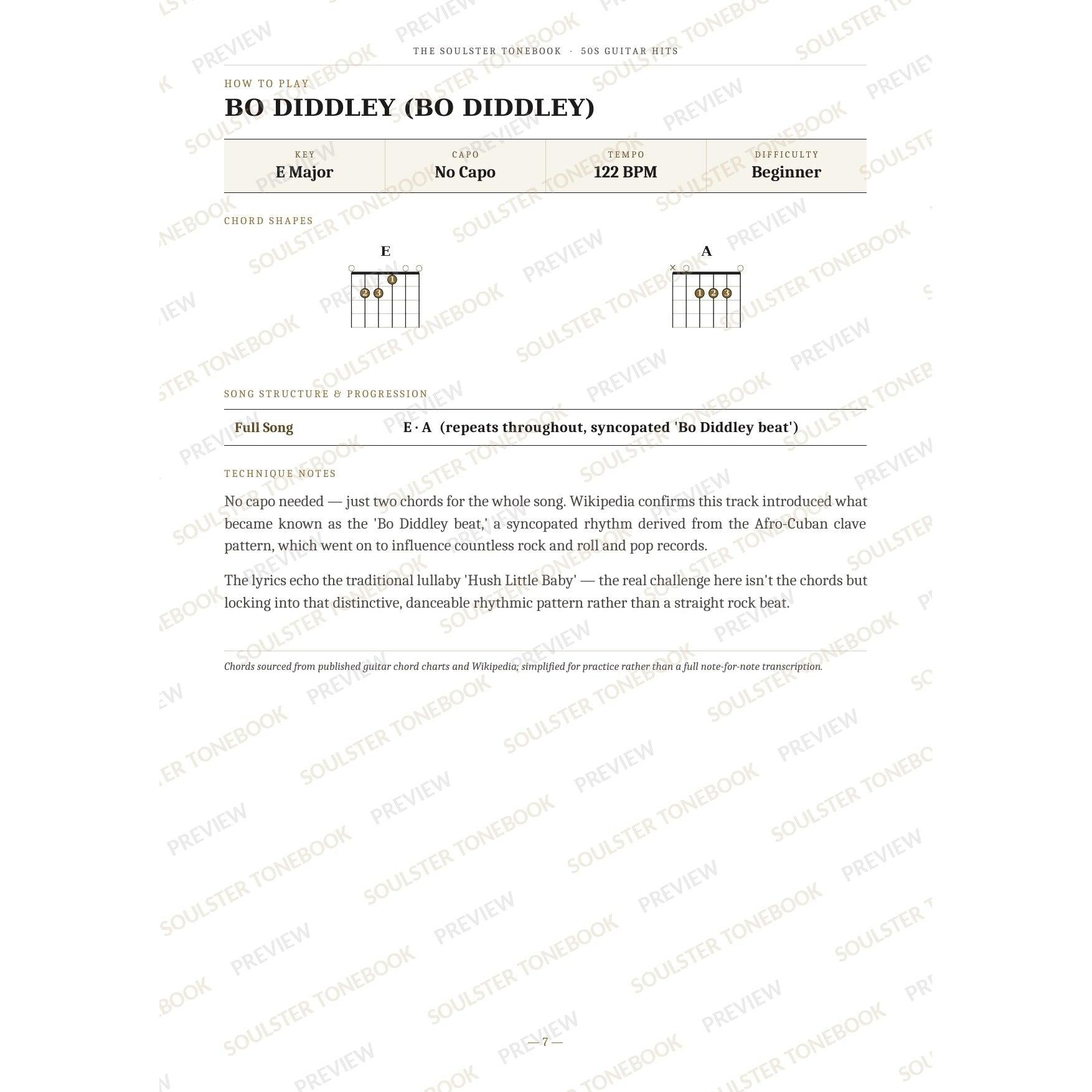 How-to-play page for 'Bo Diddley (Bo Diddley)' by 50s Guitar Hits, showing the key, capo, tempo and difficulty, printed chord-shape diagrams, a song-structure and chord-progression breakdown and technique notes — chord charts only, no lyrics or notation. A faint diagonal 'Soulster Tonebook · Preview' watermark repeats across the page.