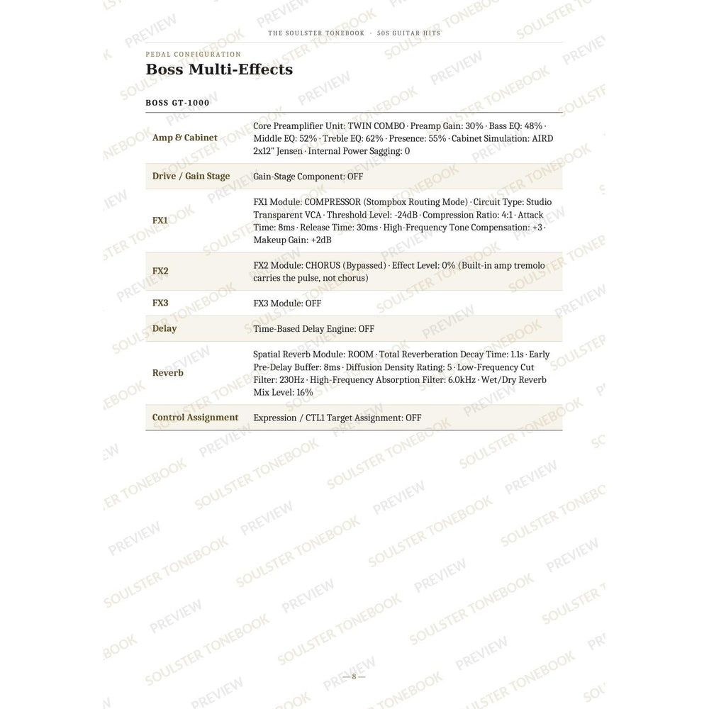 Boss GT-1000 pedal-settings page for 'Bo Diddley (Bo Diddley)' in the 50s Guitar Hits Soulster Tonebook, giving parameter-by-parameter amp, cabinet, drive, FX, delay and reverb values in a two-column table. A faint diagonal 'Soulster Tonebook · Preview' watermark repeats across the page.