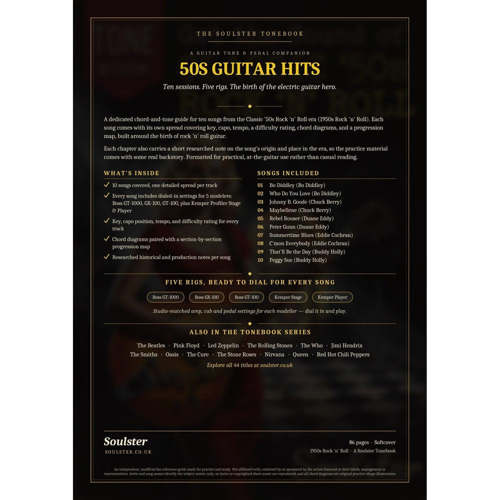 Back cover of the 50s Guitar Hits Soulster Tonebook — a dark, gold-trimmed design with the title and tagline, a 'what's inside' list, the full 10-song track list, the five modeller rigs and other titles in the Soulster Tonebook series.