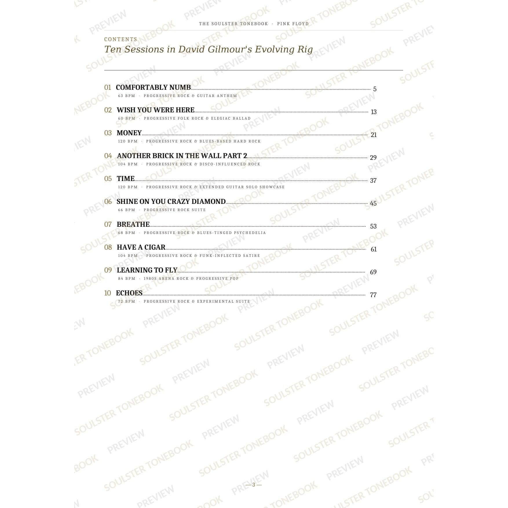 Contents page from the Pink Floyd Soulster Tonebook, listing all 10 songs with their tempos, genre tags and page numbers in a gold-and-black serif layout. A faint diagonal 'Soulster Tonebook · Preview' watermark repeats across the page.
