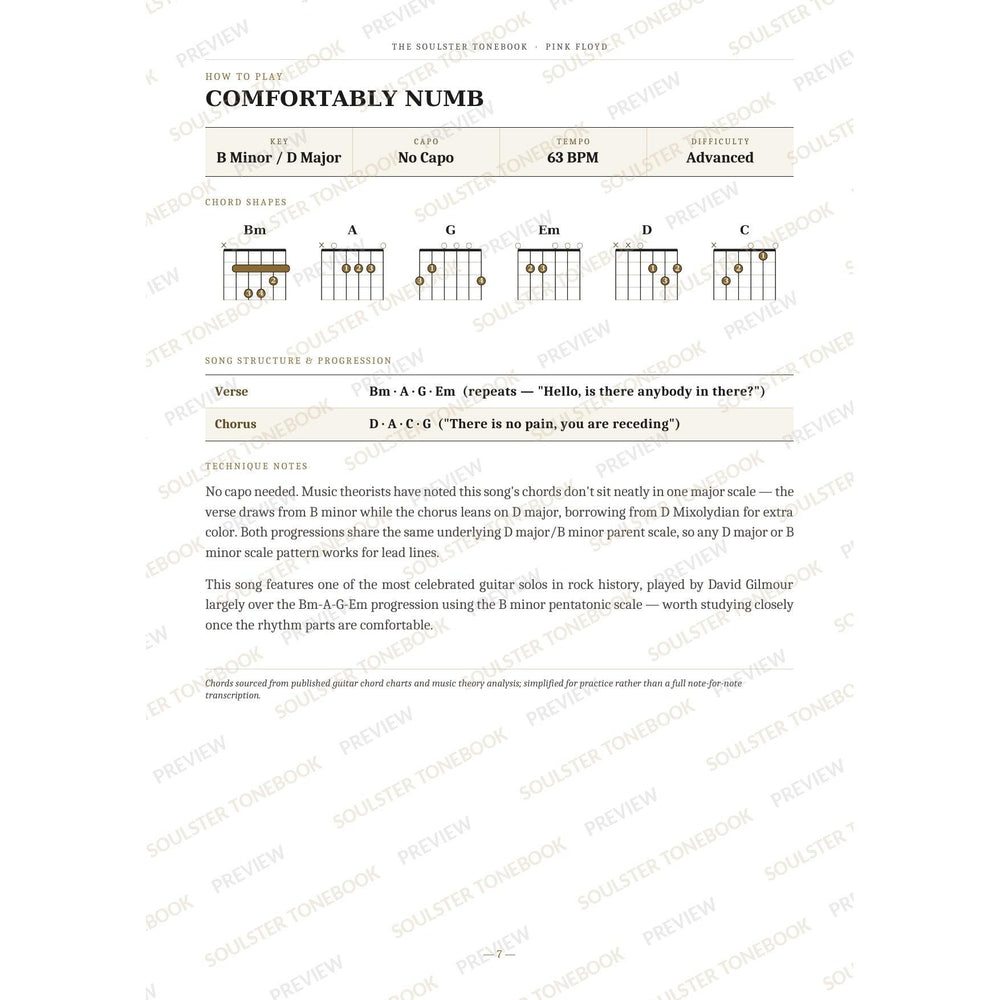 How-to-play page for 'Comfortably Numb' by Pink Floyd, showing the key, capo, tempo and difficulty, printed chord-shape diagrams, a song-structure and chord-progression breakdown and technique notes — chord charts only, no lyrics or notation. A faint diagonal 'Soulster Tonebook · Preview' watermark repeats across the page.