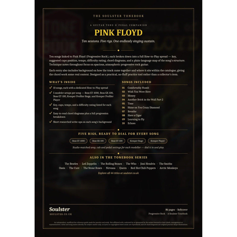 Back cover of the Pink Floyd Soulster Tonebook — a dark, gold-trimmed design with the title and tagline, a 'what's inside' list, the full 10-song track list, the five modeller rigs and other titles in the Soulster Tonebook series.