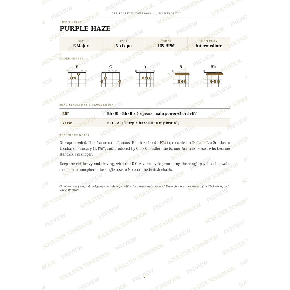 How-to-play page for 'Purple Haze' by Jimi Hendrix, showing the key, capo, tempo and difficulty, printed chord-shape diagrams, a song-structure and chord-progression breakdown and technique notes — chord charts only, no lyrics or notation. A faint diagonal 'Soulster Tonebook · Preview' watermark repeats across the page.