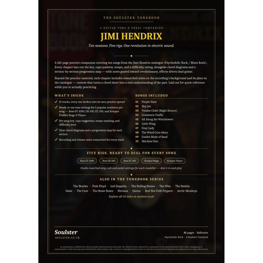Back cover of the Jimi Hendrix Soulster Tonebook — a dark, gold-trimmed design with the title and tagline, a 'what's inside' list, the full 10-song track list, the five modeller rigs and other titles in the Soulster Tonebook series.