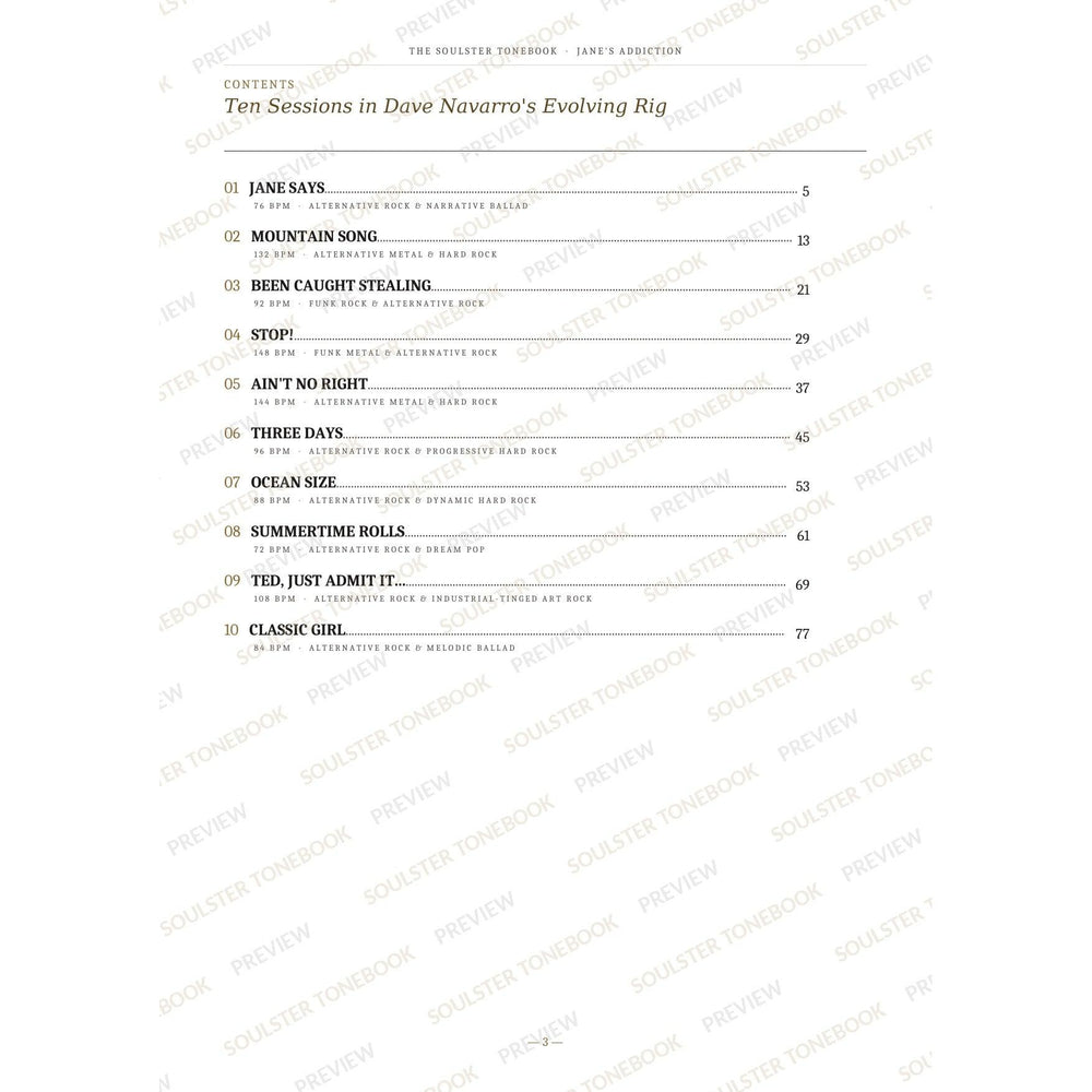 Contents page from the Jane's Addiction Soulster Tonebook, listing all 10 songs with their tempos, genre tags and page numbers in a gold-and-black serif layout. A faint diagonal 'Soulster Tonebook · Preview' watermark repeats across the page.