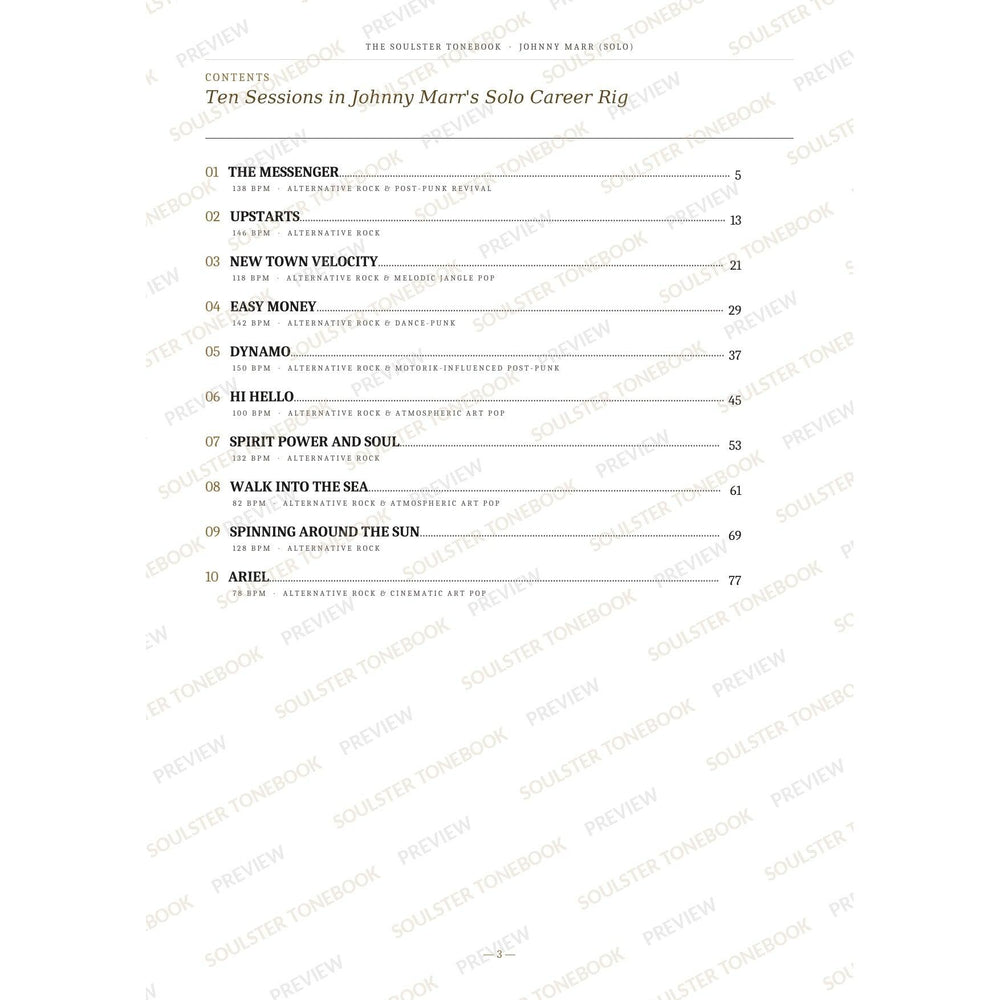 Contents page from the Johnny Marr Soulster Tonebook, listing all 10 songs with their tempos, genre tags and page numbers in a gold-and-black serif layout. A faint diagonal 'Soulster Tonebook · Preview' watermark repeats across the page.