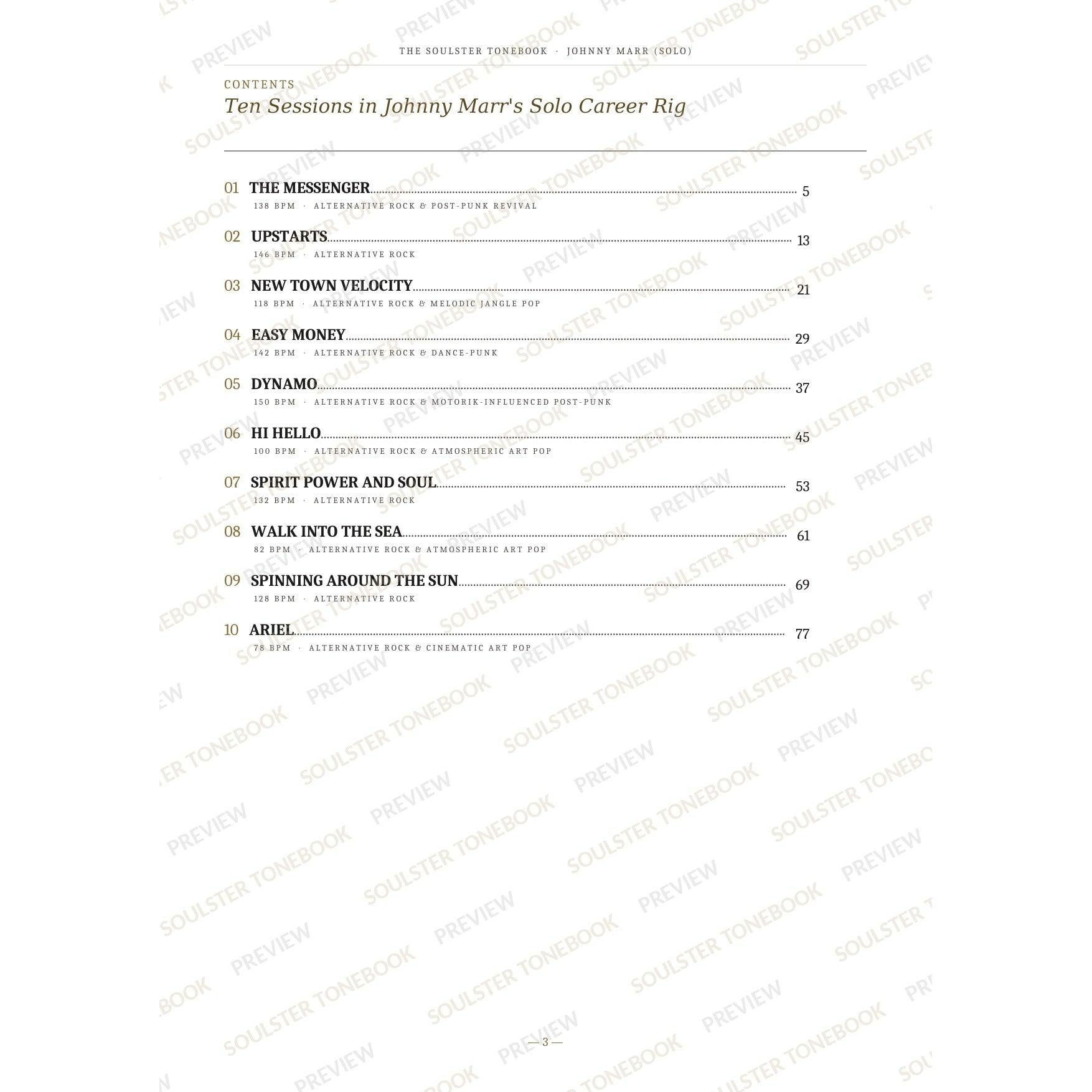 Contents page from the Johnny Marr Soulster Tonebook, listing all 10 songs with their tempos, genre tags and page numbers in a gold-and-black serif layout. A faint diagonal 'Soulster Tonebook · Preview' watermark repeats across the page.