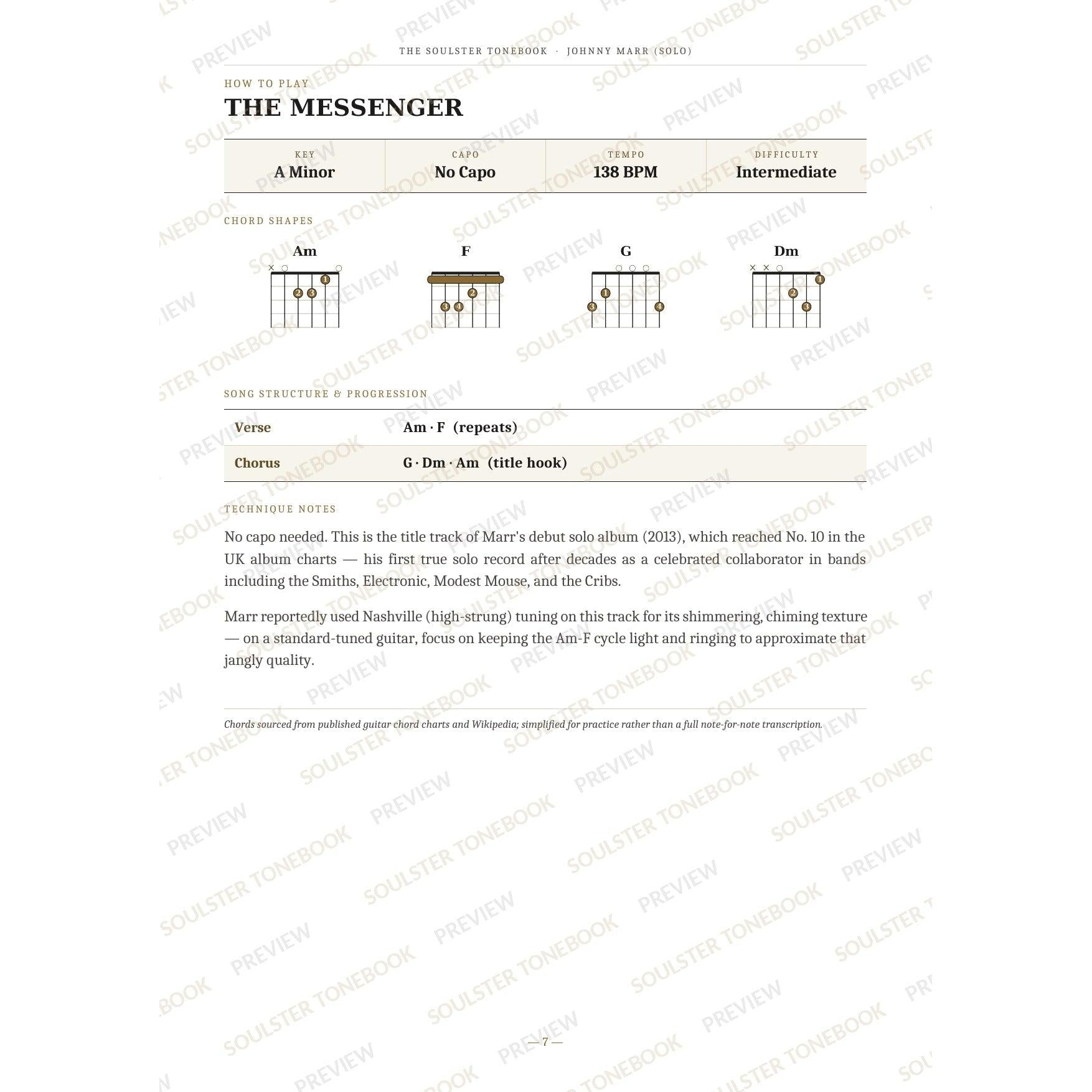 How-to-play page for 'The Messenger' by Johnny Marr, showing the key, capo, tempo and difficulty, printed chord-shape diagrams, a song-structure and chord-progression breakdown and technique notes — chord charts only, no lyrics or notation. A faint diagonal 'Soulster Tonebook · Preview' watermark repeats across the page.