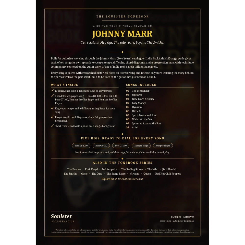 Back cover of the Johnny Marr Soulster Tonebook — a dark, gold-trimmed design with the title and tagline, a 'what's inside' list, the full 10-song track list, the five modeller rigs and other titles in the Soulster Tonebook series.