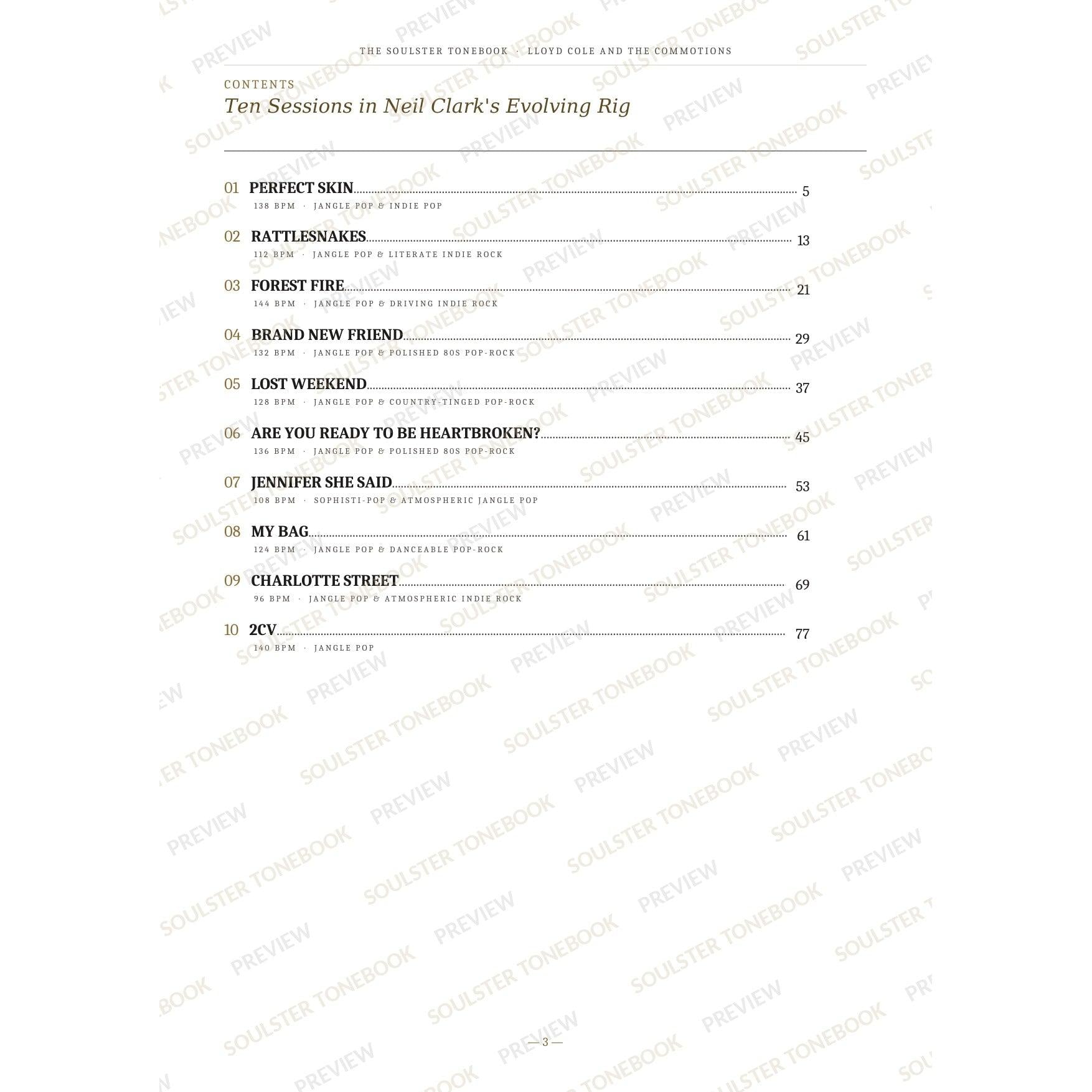 Contents page from the Lloyd Cole and the Commotions Soulster Tonebook, listing all 10 songs with their tempos, genre tags and page numbers in a gold-and-black serif layout. A faint diagonal 'Soulster Tonebook · Preview' watermark repeats across the page.