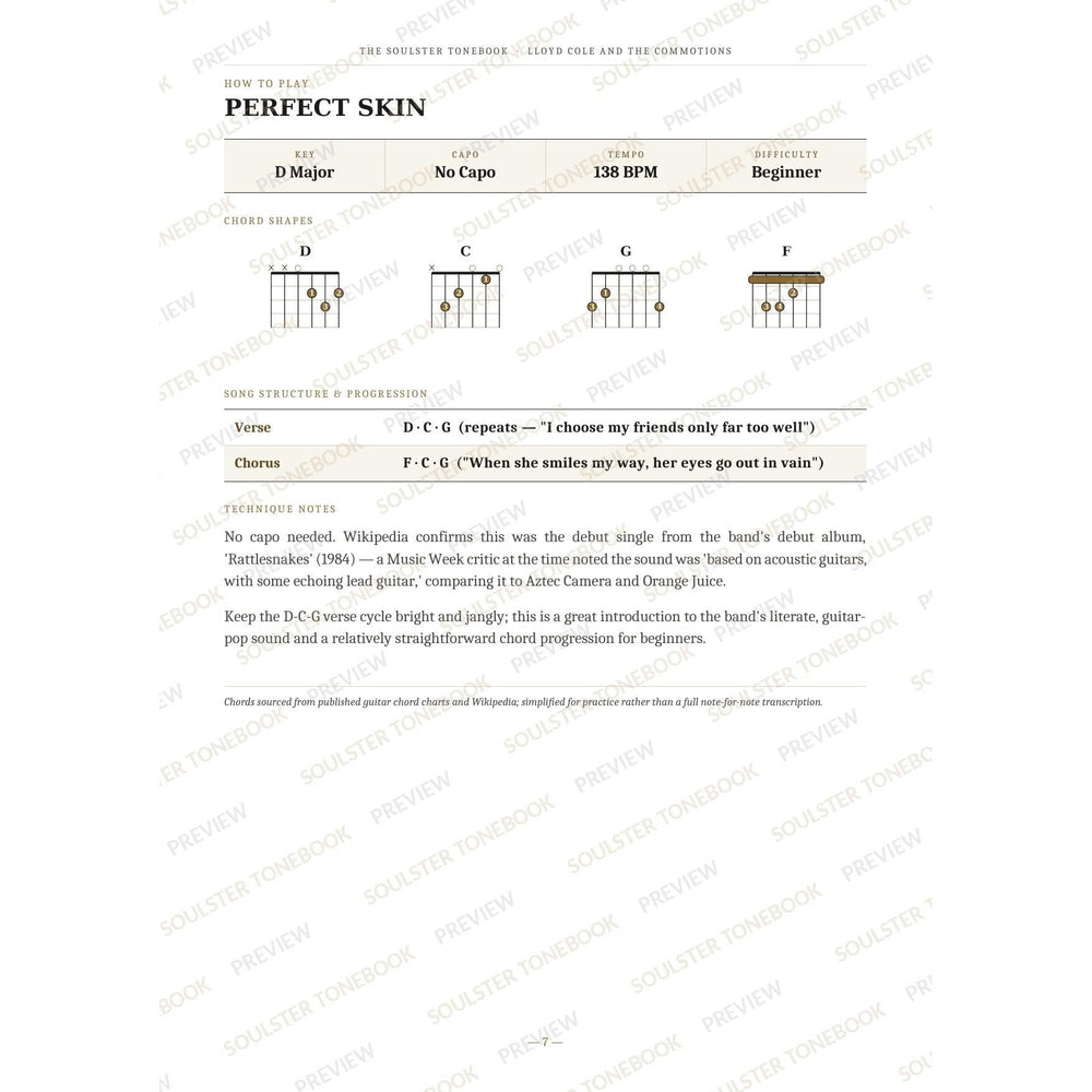 How-to-play page for 'Perfect Skin' by Lloyd Cole and the Commotions, showing the key, capo, tempo and difficulty, printed chord-shape diagrams, a song-structure and chord-progression breakdown and technique notes — chord charts only, no lyrics or notation. A faint diagonal 'Soulster Tonebook · Preview' watermark repeats across the page.